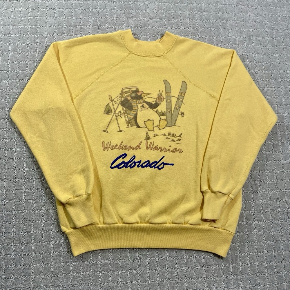 VTG 80s Colorado Penguin Weekend Warrior Ski Resort Sz Small Yellow Sweatshirt - Picture 2 of 5